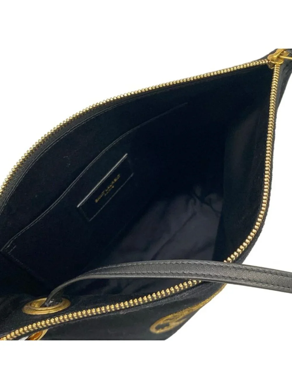 Saint Laurent Paris Pouch Embroidered Black Gold Wool Leather